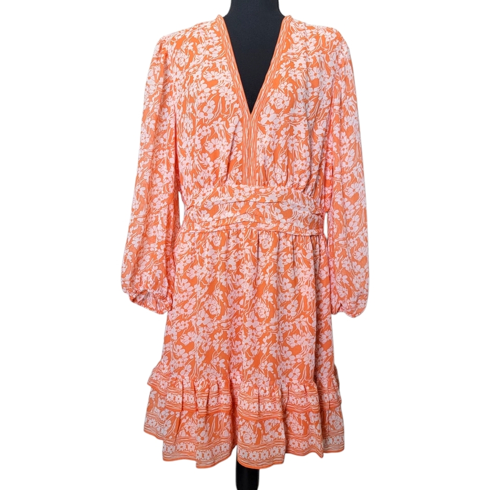 Max Studio Floral Ruffle Hem Dress Women’s XL Orange White Boho